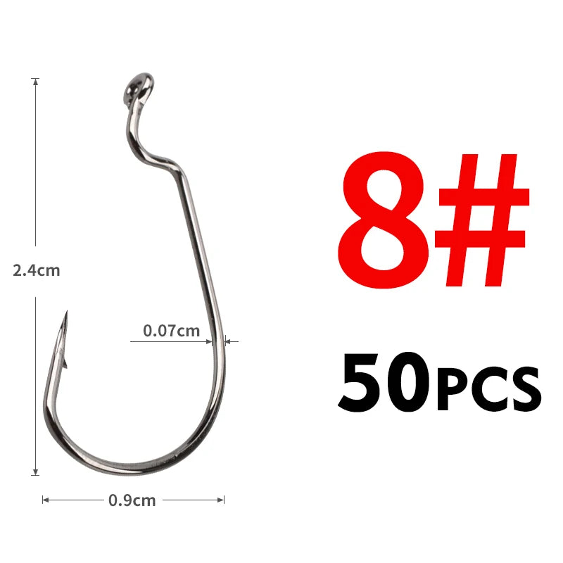 MEREDITH 50pcs/lot Fishing Soft Worm Hooks High Carbon Steel Wide Super Lock Fishhooks Lure Softjerk Hooks 8#-5/0 Fishing Tackle