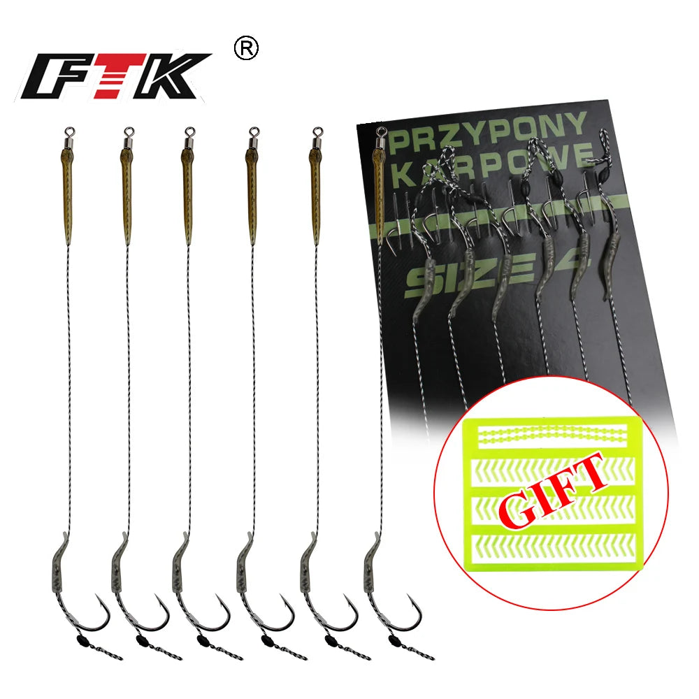 FTK 6Pcs Carp Fishing Hooks Pre tied carp hook hair rig for carp With line Ready Made Boilies Bait Hair Rigs Carp fishing tackle