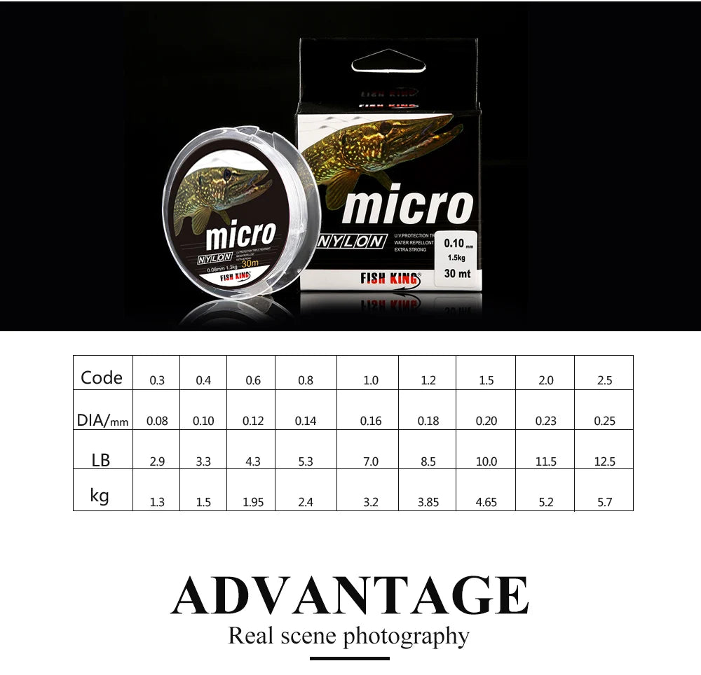 FISH KING 30M MICRO Nylon Ice Fishing Line 0.08mm-0.25mm 2.9LB-12.5LB Extra Strong Fishing Line For Winter Ice Fishing
