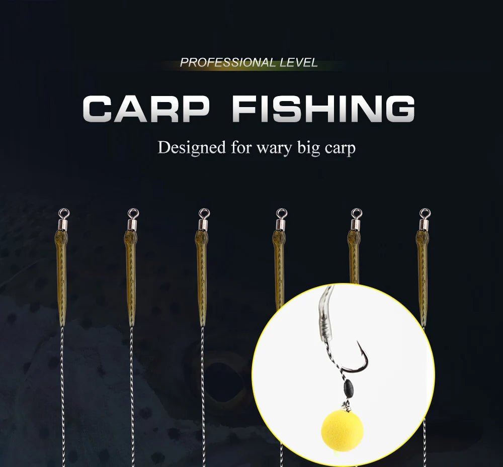 FTK 6Pcs Carp Fishing Hooks Pre tied carp hook hair rig for carp With line Ready Made Boilies Bait Hair Rigs Carp fishing tackle