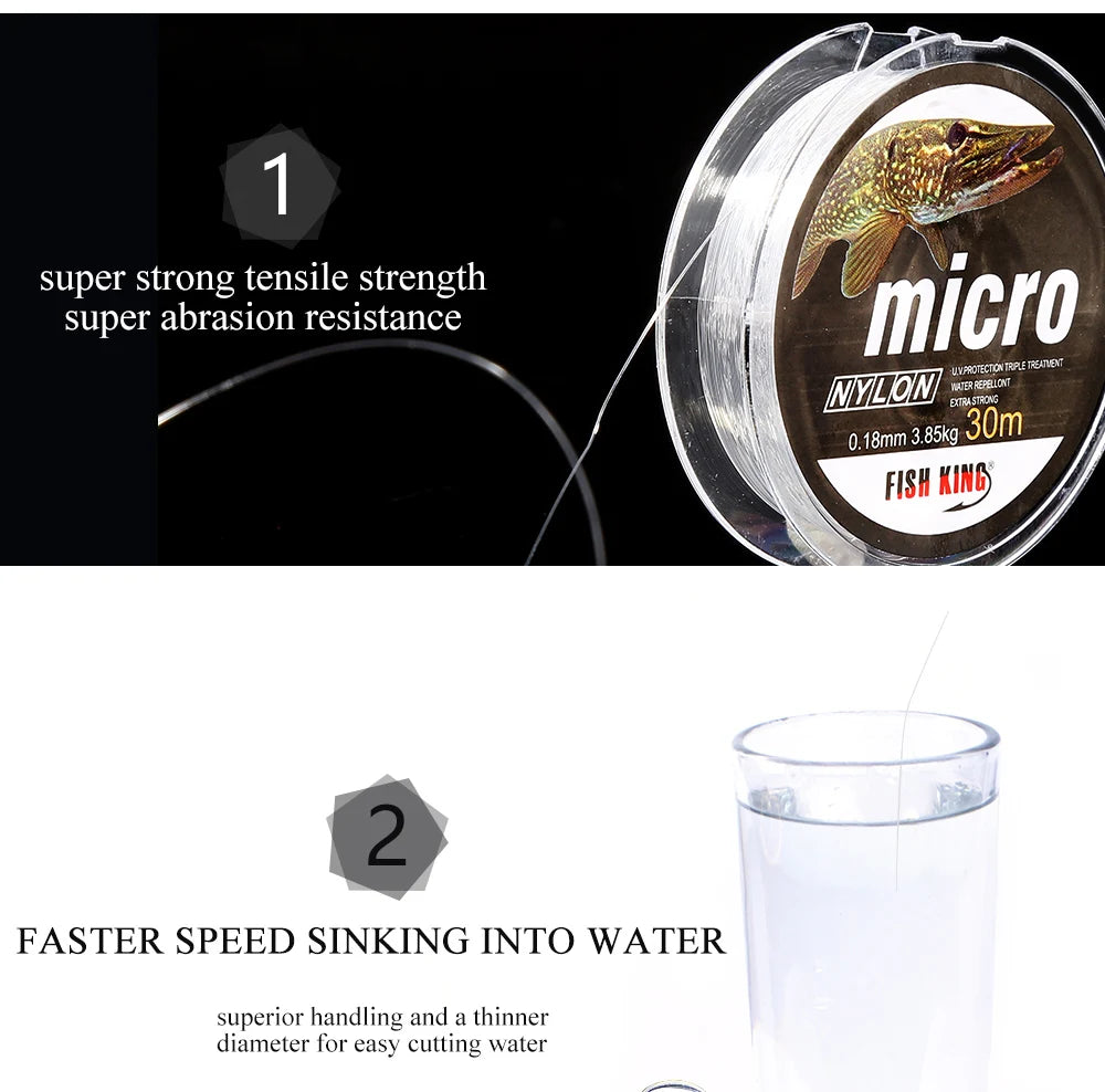FISH KING 30M MICRO Nylon Ice Fishing Line 0.08mm-0.25mm 2.9LB-12.5LB Extra Strong Fishing Line For Winter Ice Fishing