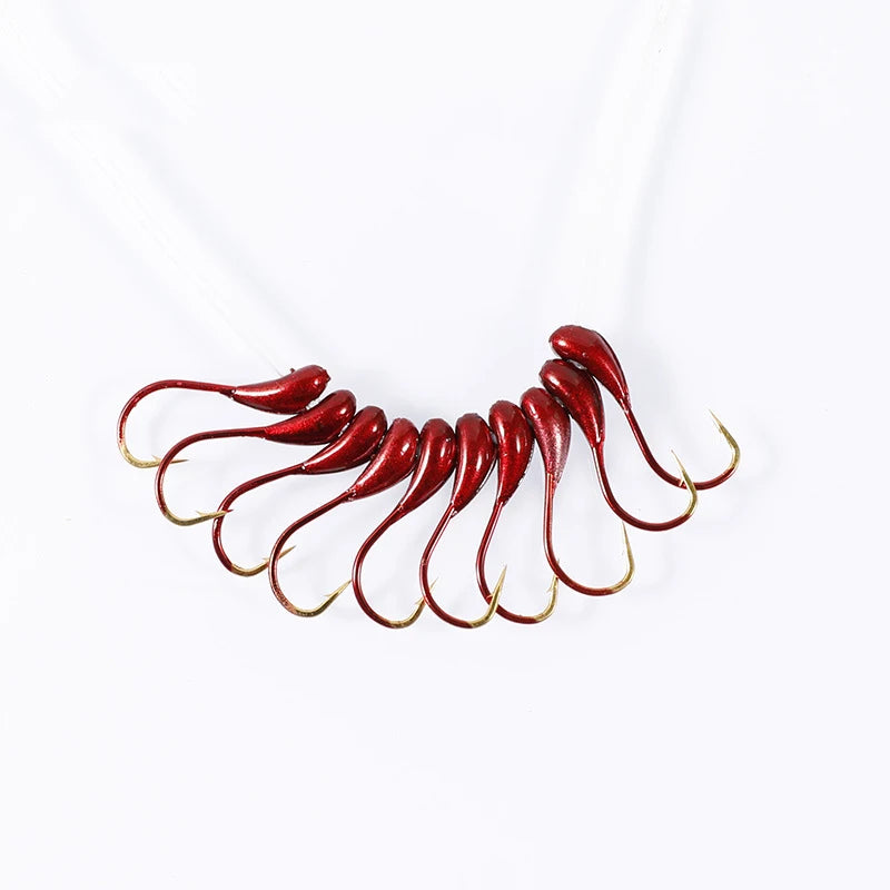 10pcs Ice Fishing Tungsten Jig Japan Hook Ice Lead Head Bait Winter Fishing Hook Red Worm Maggot Fishhook Carp Fishing Tackle