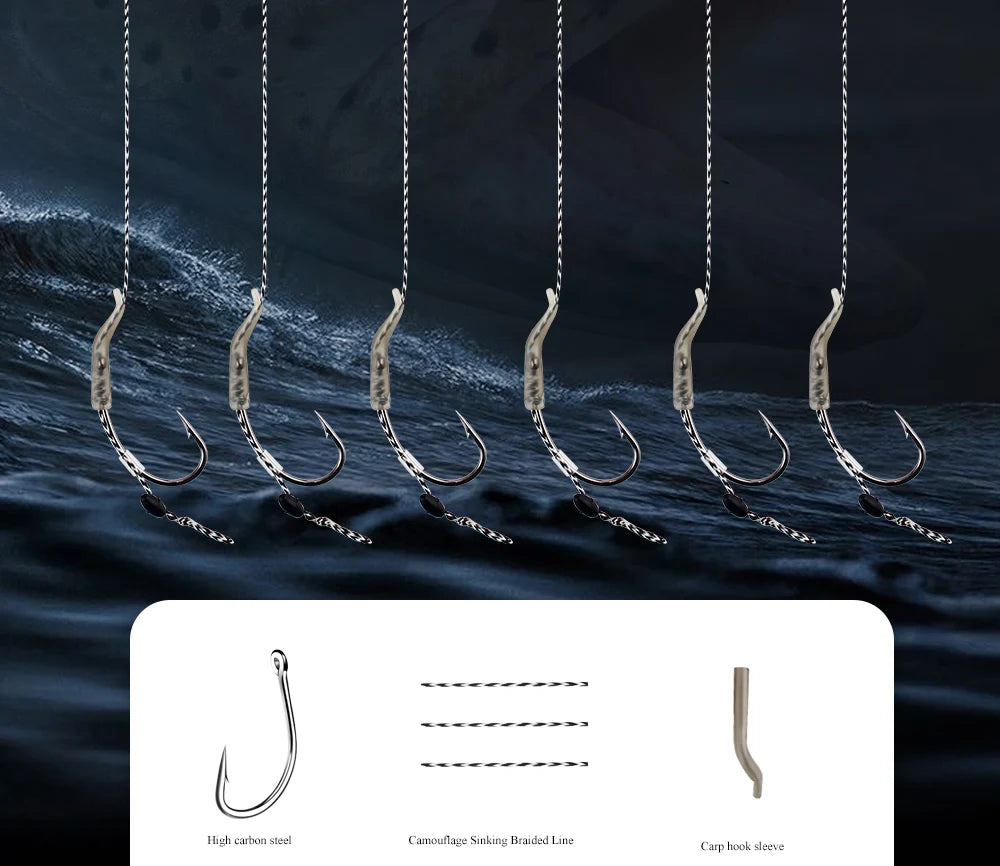 FTK 6Pcs Carp Fishing Hooks Pre tied carp hook hair rig for carp With line Ready Made Boilies Bait Hair Rigs Carp fishing tackle