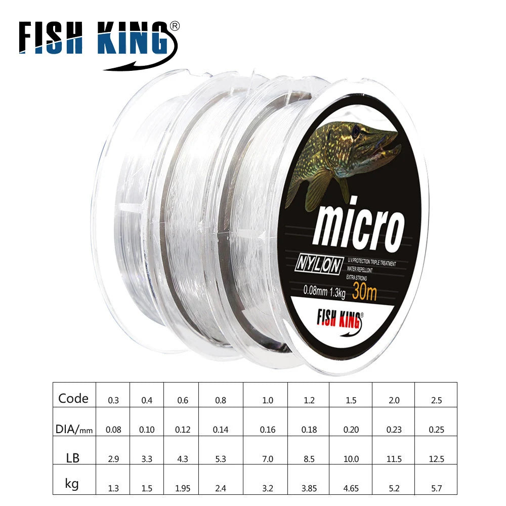 FISH KING 30M MICRO Nylon Ice Fishing Line 0.08mm-0.25mm 2.9LB-12.5LB Extra Strong Fishing Line For Winter Ice Fishing
