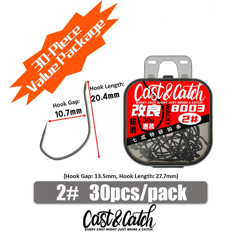 Cast&Catch Perfect 8003 Wacky Hook 30pcs Barb Multiple Sizes Soft Bait Bass Finesse Fishing Gear