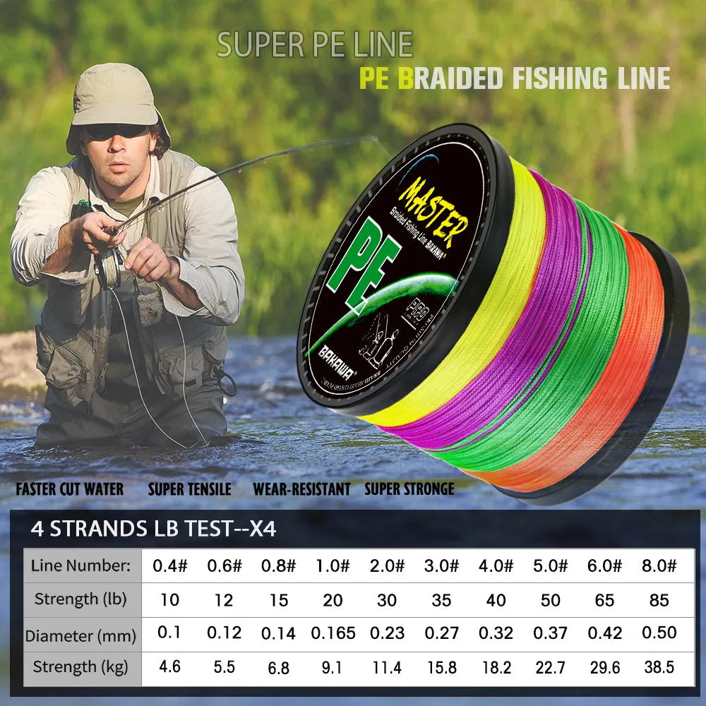 BAKAWA 4 Strands Braided PE Fishing Line 300M 500M 1000M Fly Wire Multifilament Carp Wire Japan Multicolor Sea Line Super Strong