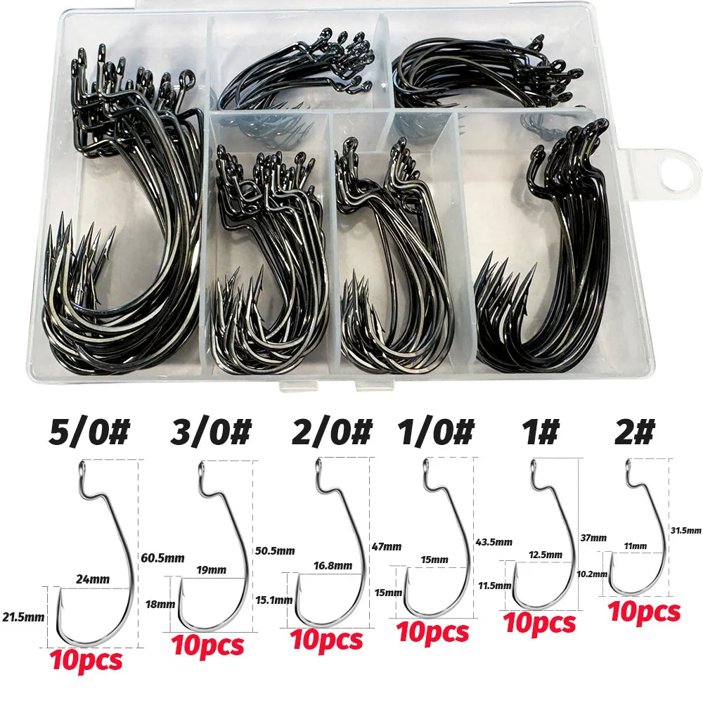 60pcs/ Box Worm Hooks Wide Gap Texas Rig Jig Crank Bass High Carbon Steel Offset Barbed Hook Fishing Tackle Soft Lure Fishhook