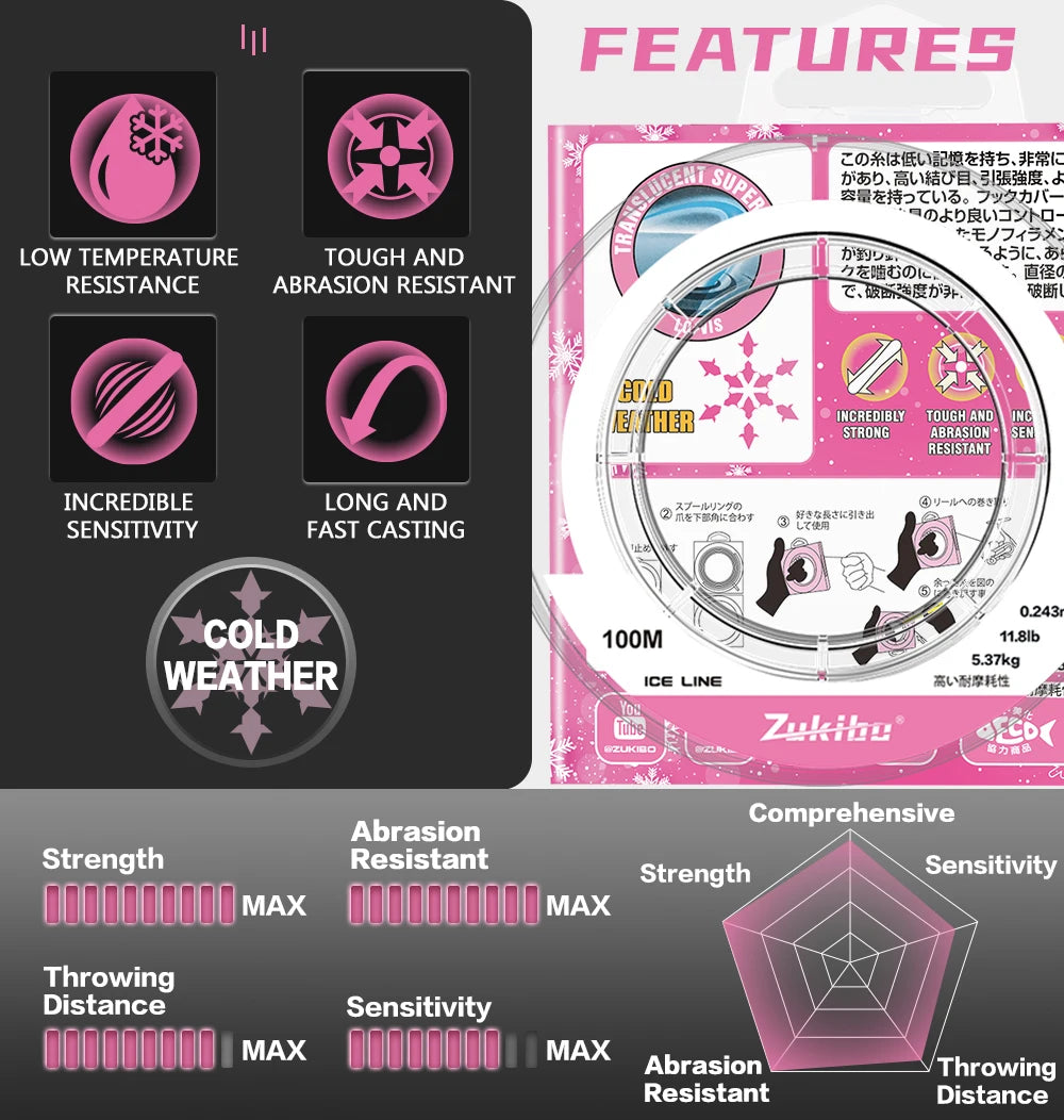 ZUKIBO Fused Micro Ice Crystal Thin Braid Fishing Line 0.05mm-0.235mm USA Design Translucent Superline Low Memory Soft Ice Line