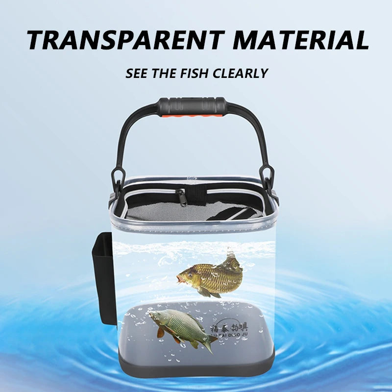 Portable Fishing Bucket Foldable With Net Cover Live Fish Bucket EVA Transparent Water Pail With Rope For Wild Fishing Tackle