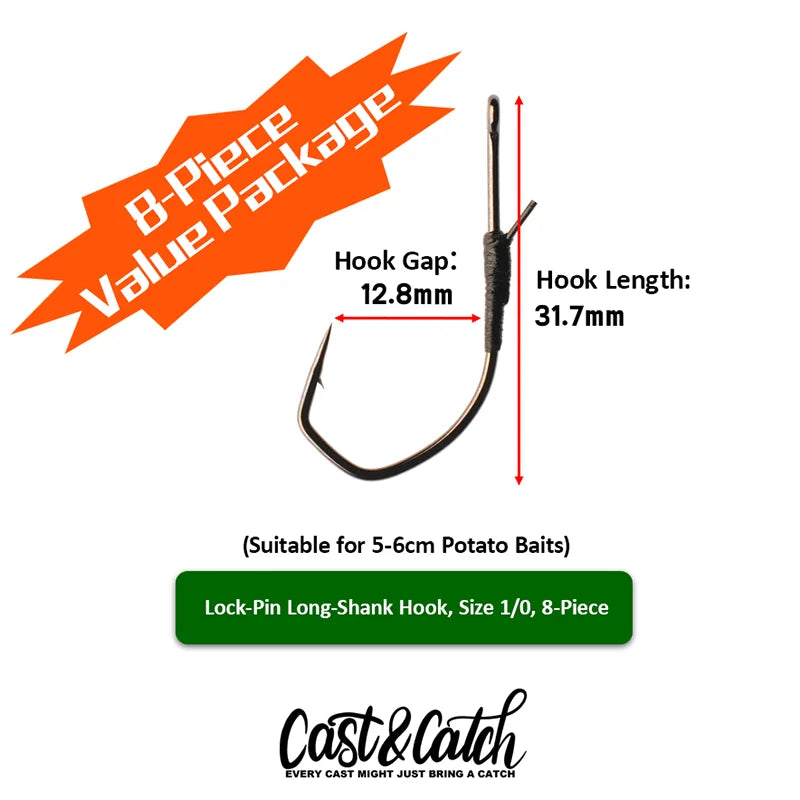 Cast&Catch 8PCS Lock Pin Long Hook High Carbon Steel Barbed Hook Soft Worm Lure Bass Carp Freshwater Fishing Hook