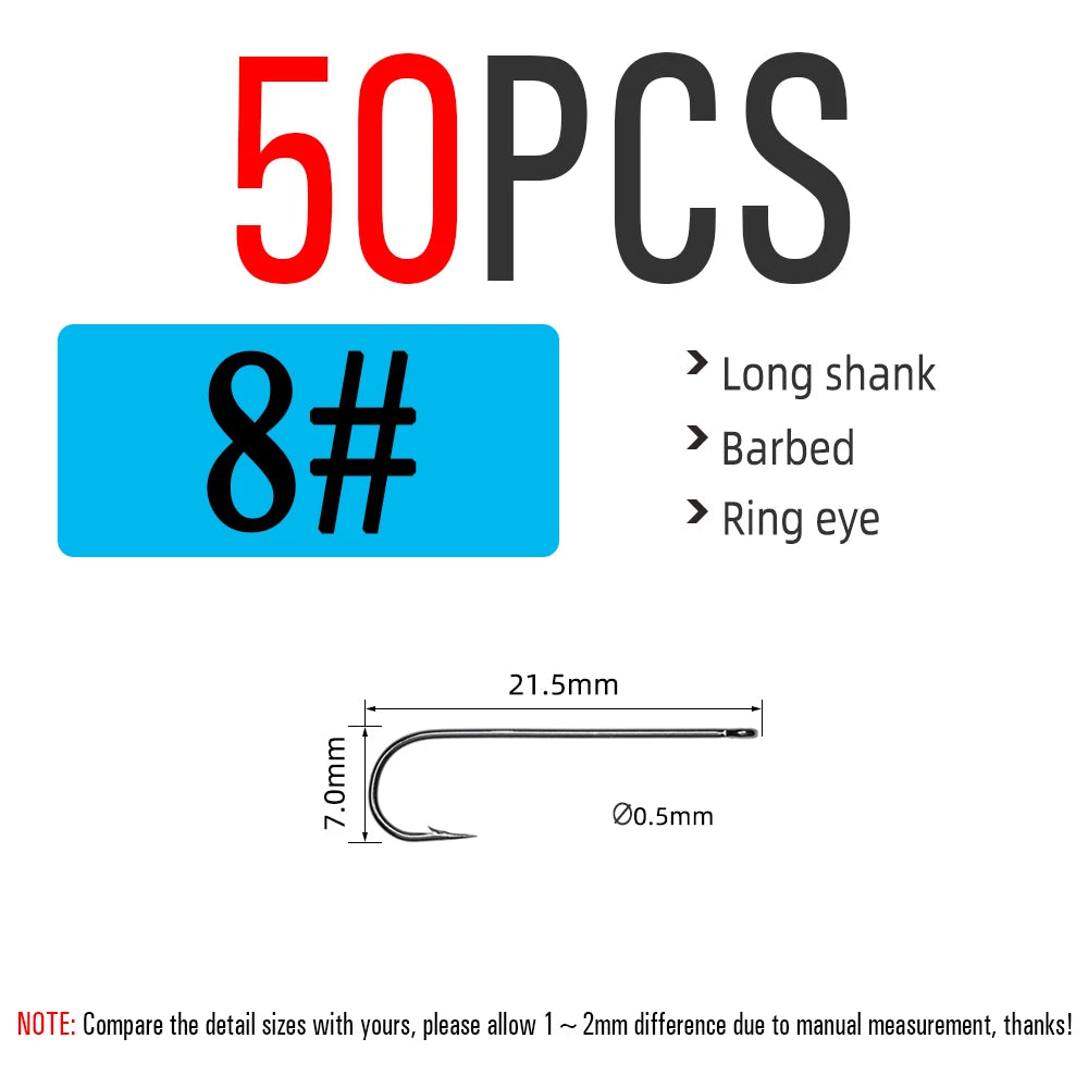 ICERIO 50PCS Aberdeen Long Shank Fish Hook Saltwater Fresh Water Fishing Hooks Sabiki Rig Streamer Fly Hook Size 10 4 2 2/0 3/0