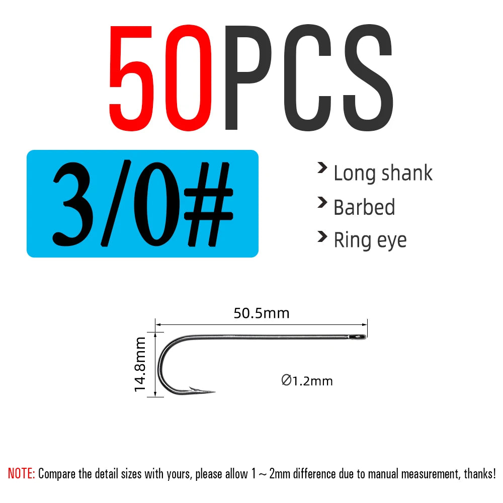 ICERIO 50PCS Aberdeen Long Shank Fish Hook Saltwater Fresh Water Fishing Hooks Sabiki Rig Streamer Fly Hook Size 10 4 2 2/0 3/0