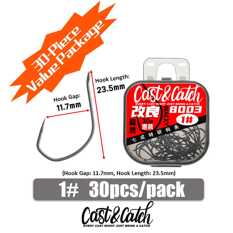 Cast&Catch Perfect 8003 Wacky Hook 30pcs Barb Multiple Sizes Soft Bait Bass Finesse Fishing Gear