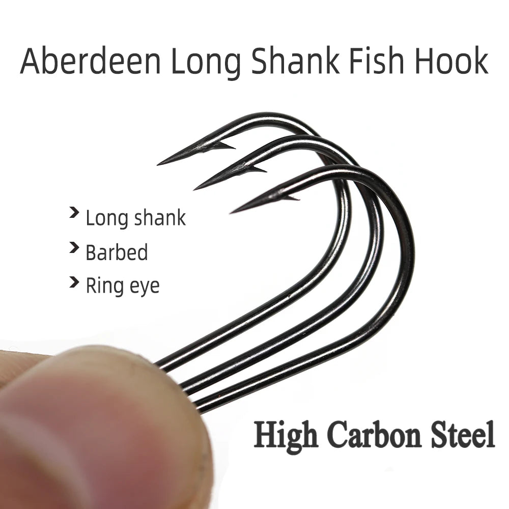 ICERIO 50PCS Aberdeen Long Shank Fish Hook Saltwater Fresh Water Fishing Hooks Sabiki Rig Streamer Fly Hook Size 10 4 2 2/0 3/0