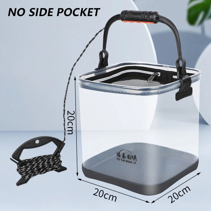 Portable Fishing Bucket Foldable With Net Cover Live Fish Bucket EVA Transparent Water Pail With Rope For Wild Fishing Tackle