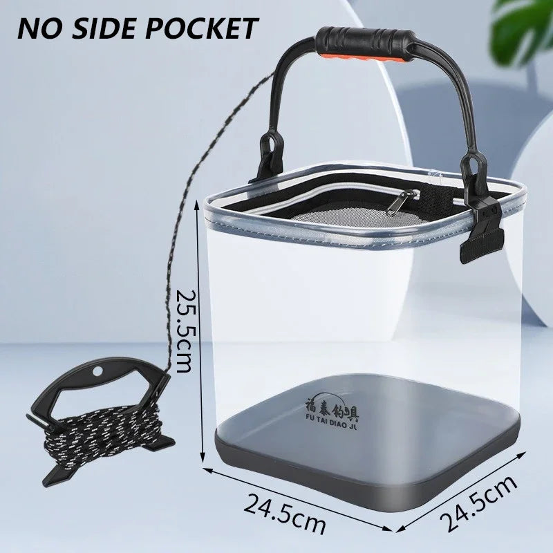 Portable Fishing Bucket Foldable With Net Cover Live Fish Bucket EVA Transparent Water Pail With Rope For Wild Fishing Tackle