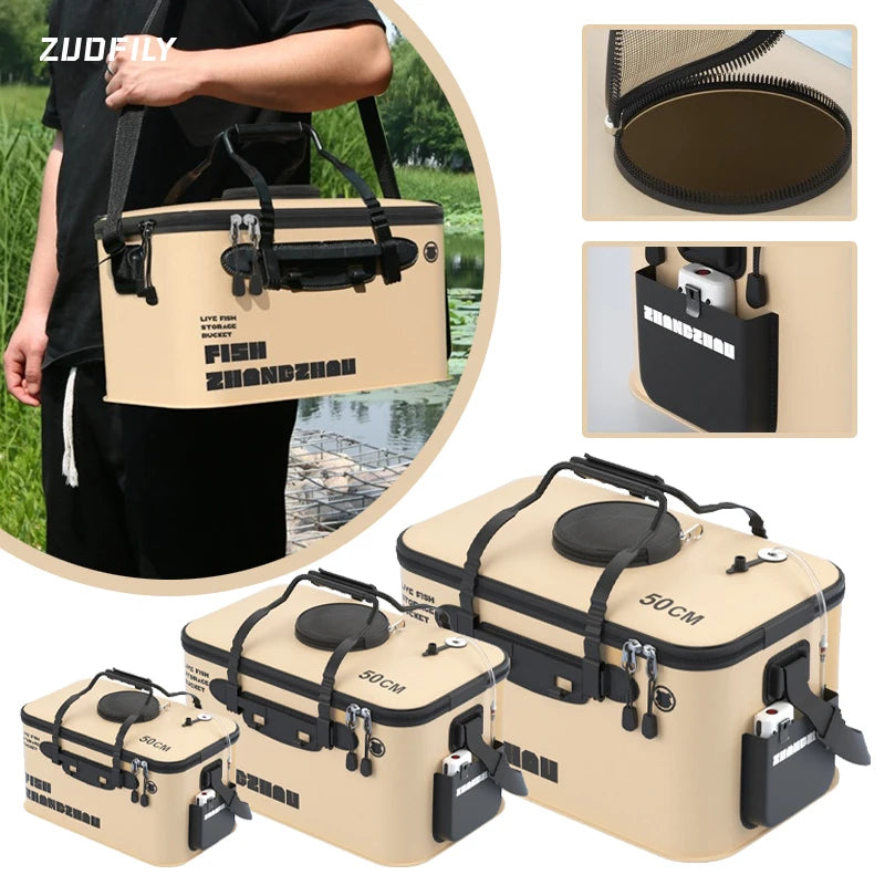 New Outdoor Fishing Bucket Foldable Live Fish Bucket with Net Cover 12-34L EVA Water Pail with Handbar for Wild Fishing Tackle