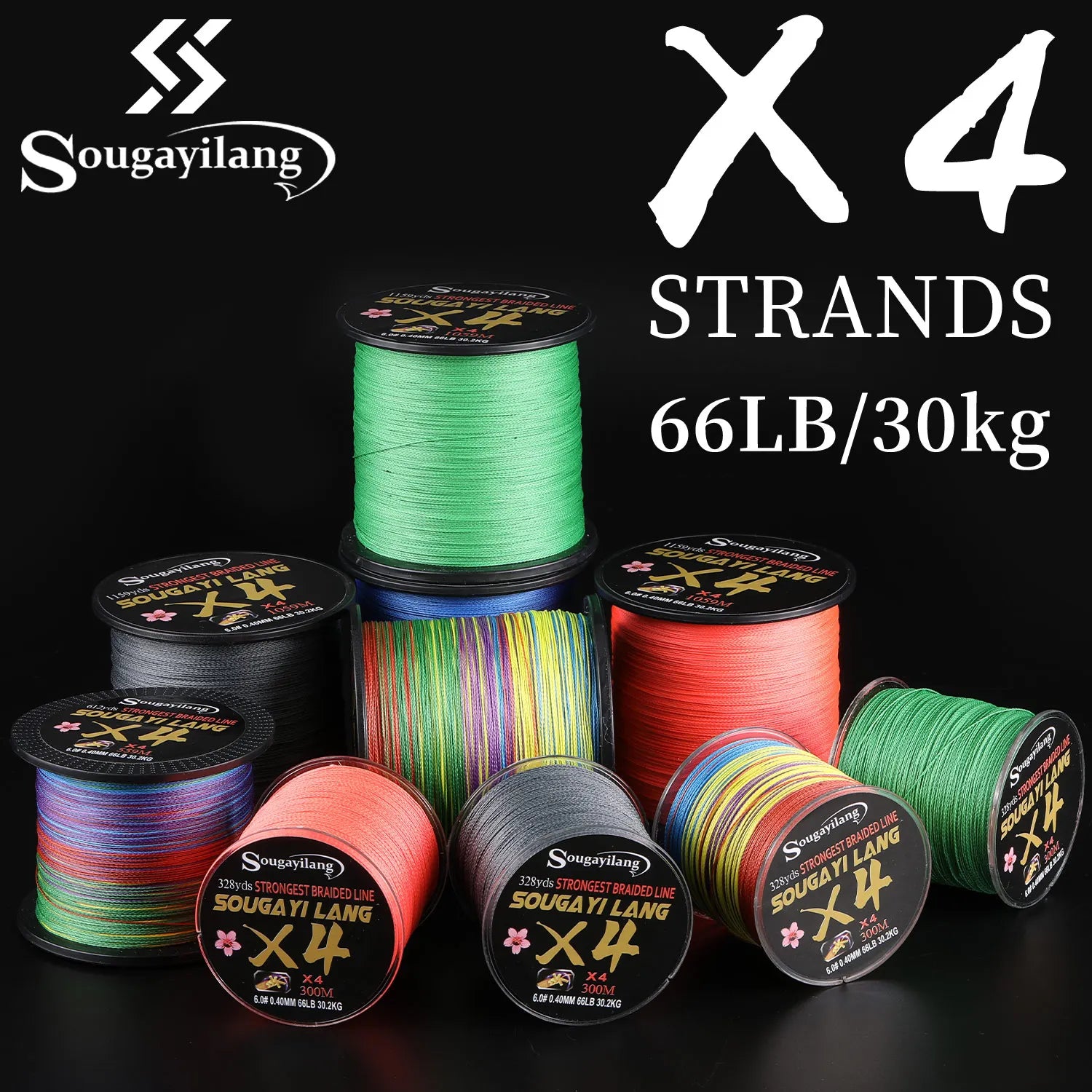 Sougayilang Braided Line 4X 100/300m 5 Color All for Fishing Line MaxDrag 66LB Multifilament PE Line for Saltwater Sea Fishing