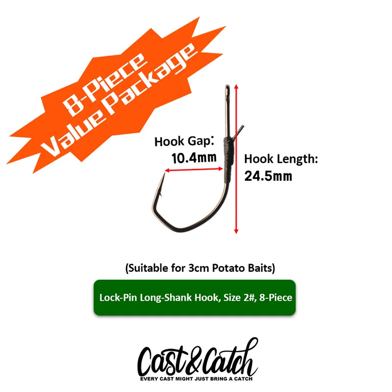 Cast&Catch 8PCS Lock Pin Long Hook High Carbon Steel Barbed Hook Soft Worm Lure Bass Carp Freshwater Fishing Hook