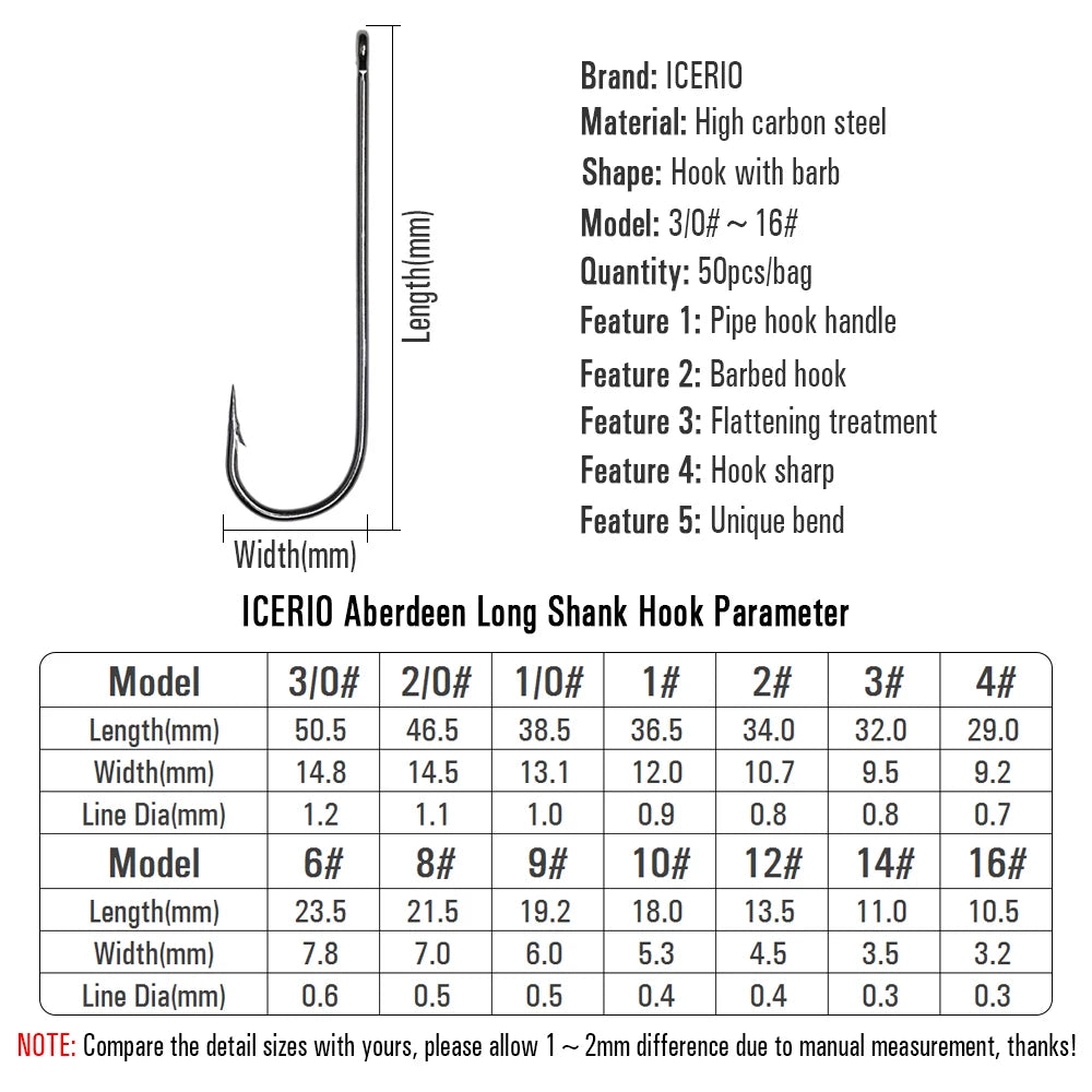 ICERIO 50PCS Aberdeen Long Shank Fish Hook Saltwater Fresh Water Fishing Hooks Sabiki Rig Streamer Fly Hook Size 10 4 2 2/0 3/0