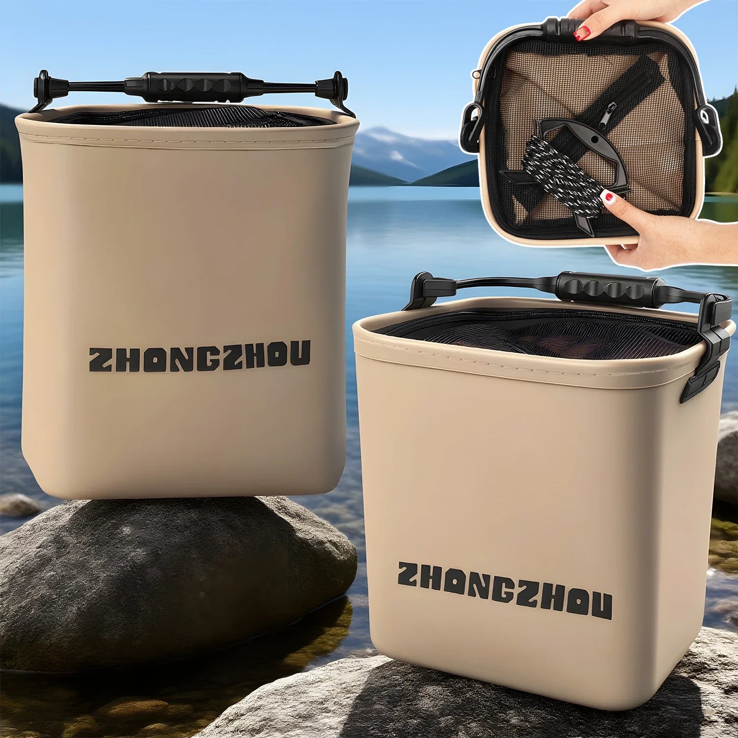 Foldable and Portable Net Live Fish Buckets EVA with Rope Water Bucket Outdoor Fishing Bucket for Wild Fishing Household Buckets