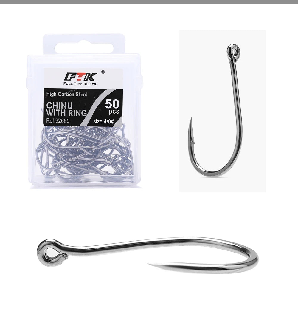 FTK CHINU Fishhook with ring barbed 1/0#-5/0#50PCS 1#-7#100PCS Rock Fishing Sea Fishing Hook black high carbon steel fishhook