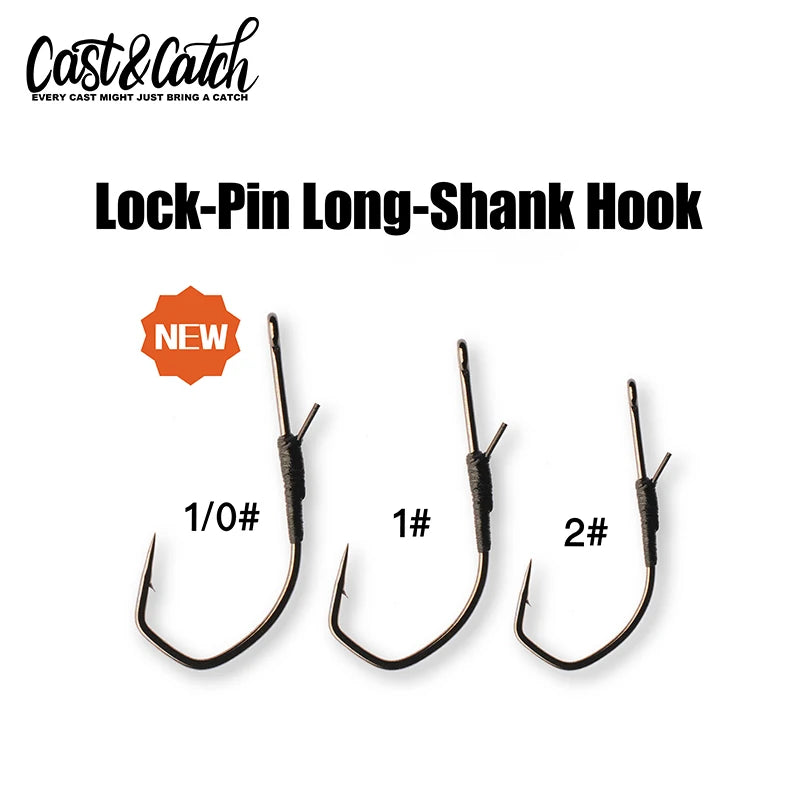 Cast&Catch 8PCS Lock Pin Long Hook High Carbon Steel Barbed Hook Soft Worm Lure Bass Carp Freshwater Fishing Hook