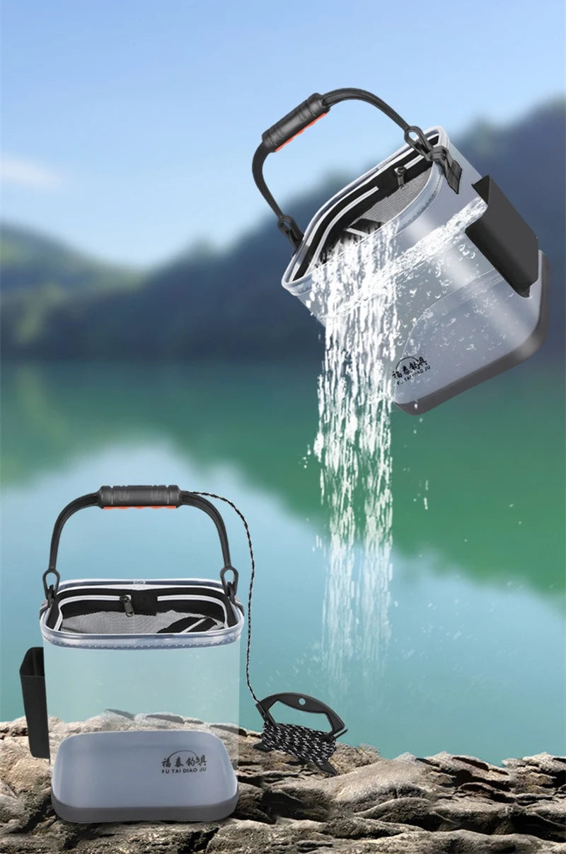 Portable Fishing Bucket Foldable With Net Cover Live Fish Bucket EVA Transparent Water Pail With Rope For Wild Fishing Tackle