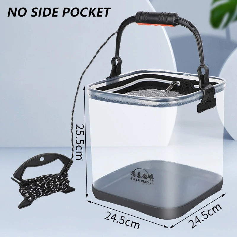 Portable Fishing Bucket Foldable With Net Cover Live Fish Bucket EVA Transparent Water Pail With Rope For Wild Fishing Tackle