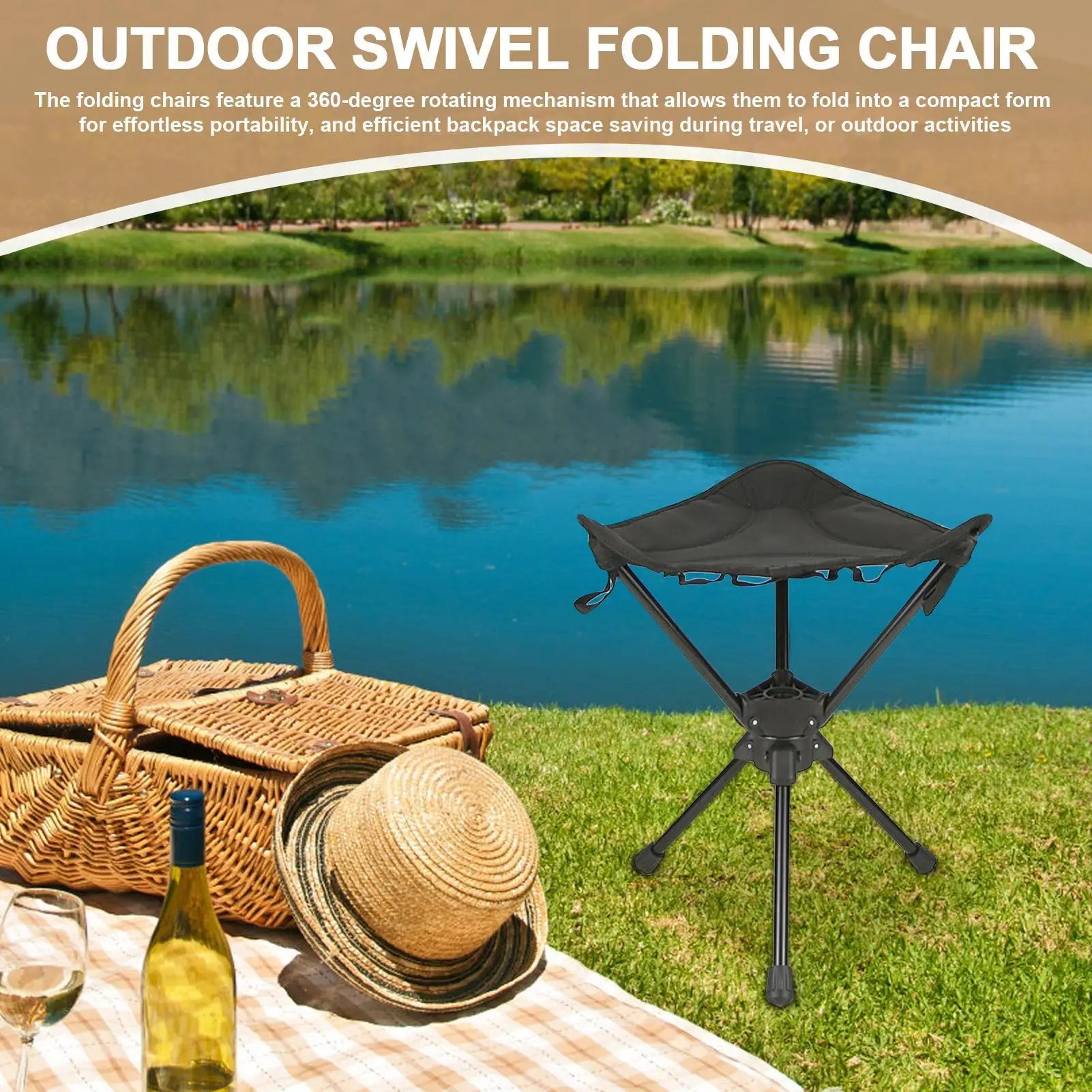 Portable Folding Swivel Camping Chair, Lightweight Fishing Stool for Outdoor Hunting Backpacking Travel, Lawn Dorm Hiking Gear