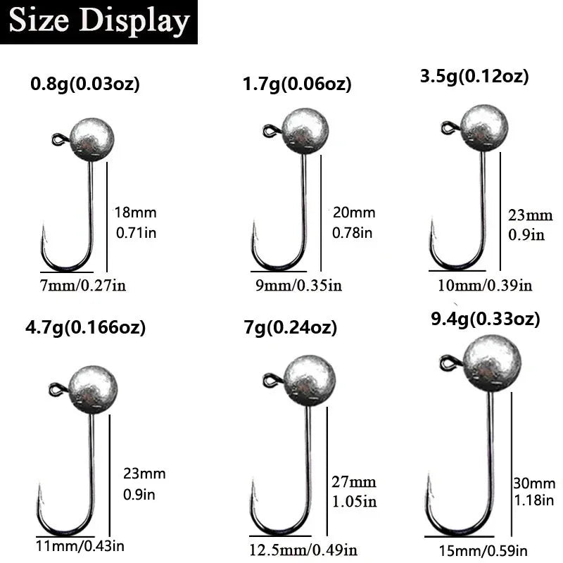10pcs/lot 0.8g 1.7g 3.5g 4.7g 7g 9.4g Jig Head Fishing Hook Round Ball Jig Head Fishhook Soft Worm Fishing Accessories