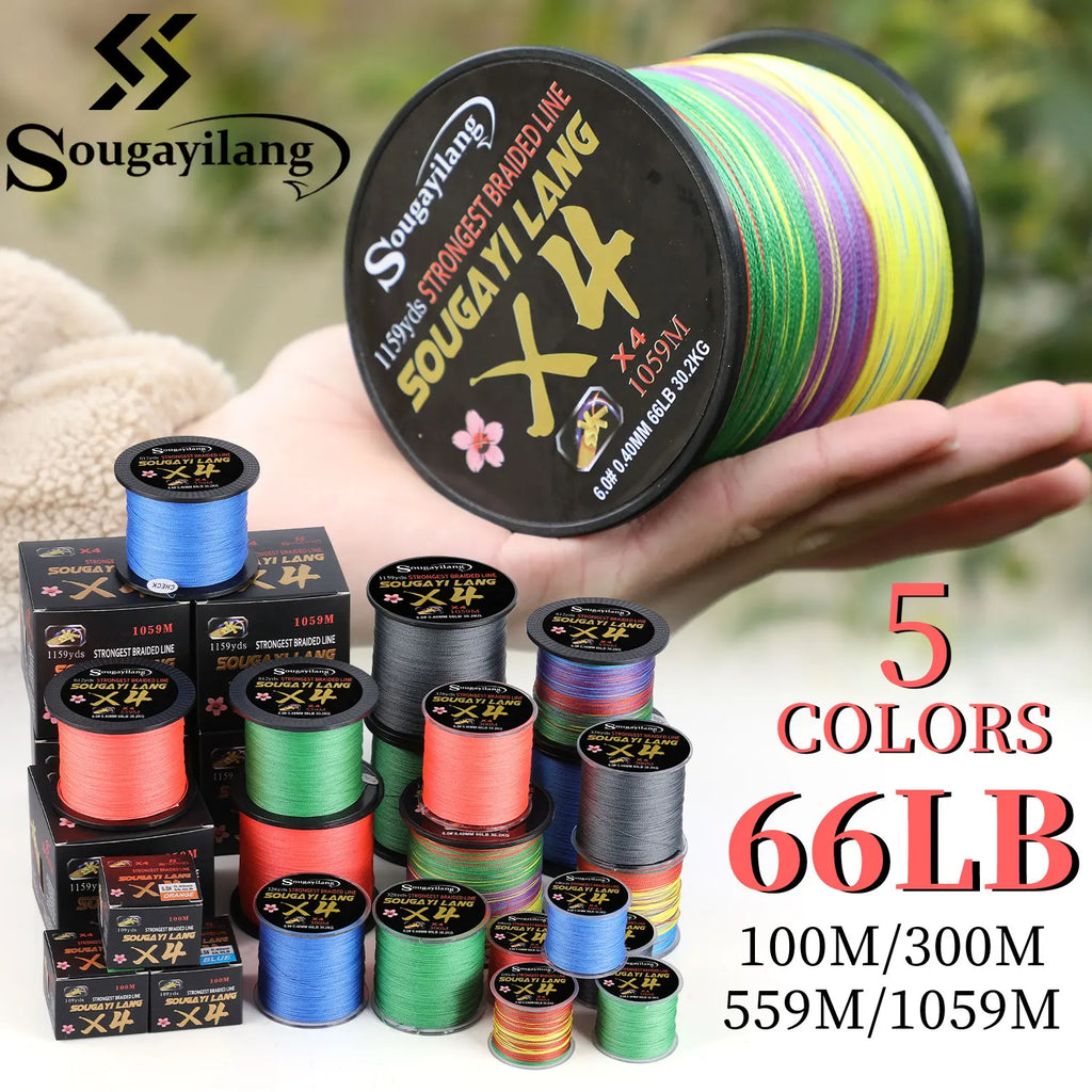 Sougayilang Braided Line 4X 100/300m 5 Color All for Fishing Line MaxDrag 66LB Multifilament PE Line for Saltwater Sea Fishing