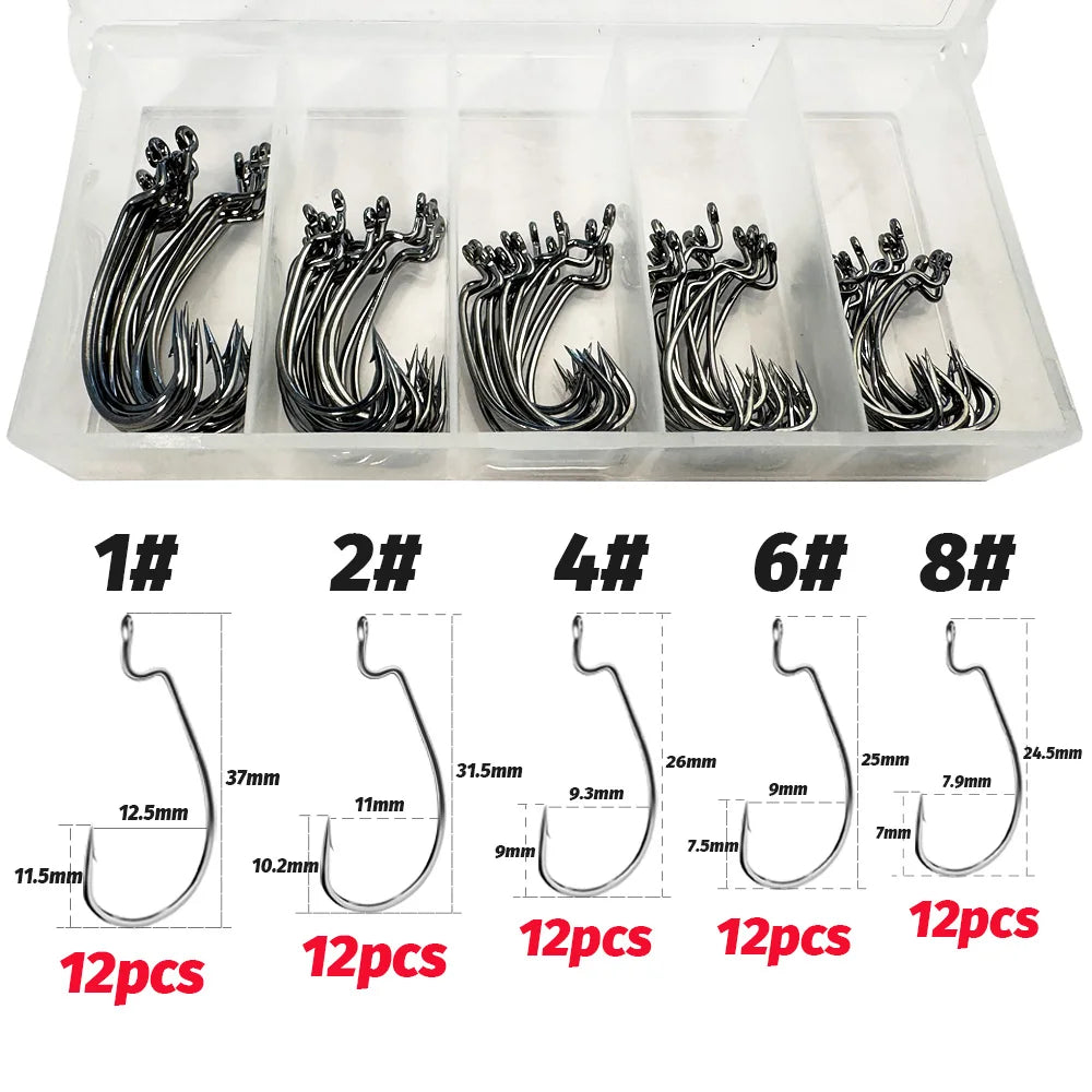 60pcs/ Box Worm Hooks Wide Gap Texas Rig Jig Crank Bass High Carbon Steel Offset Barbed Hook Fishing Tackle Soft Lure Fishhook