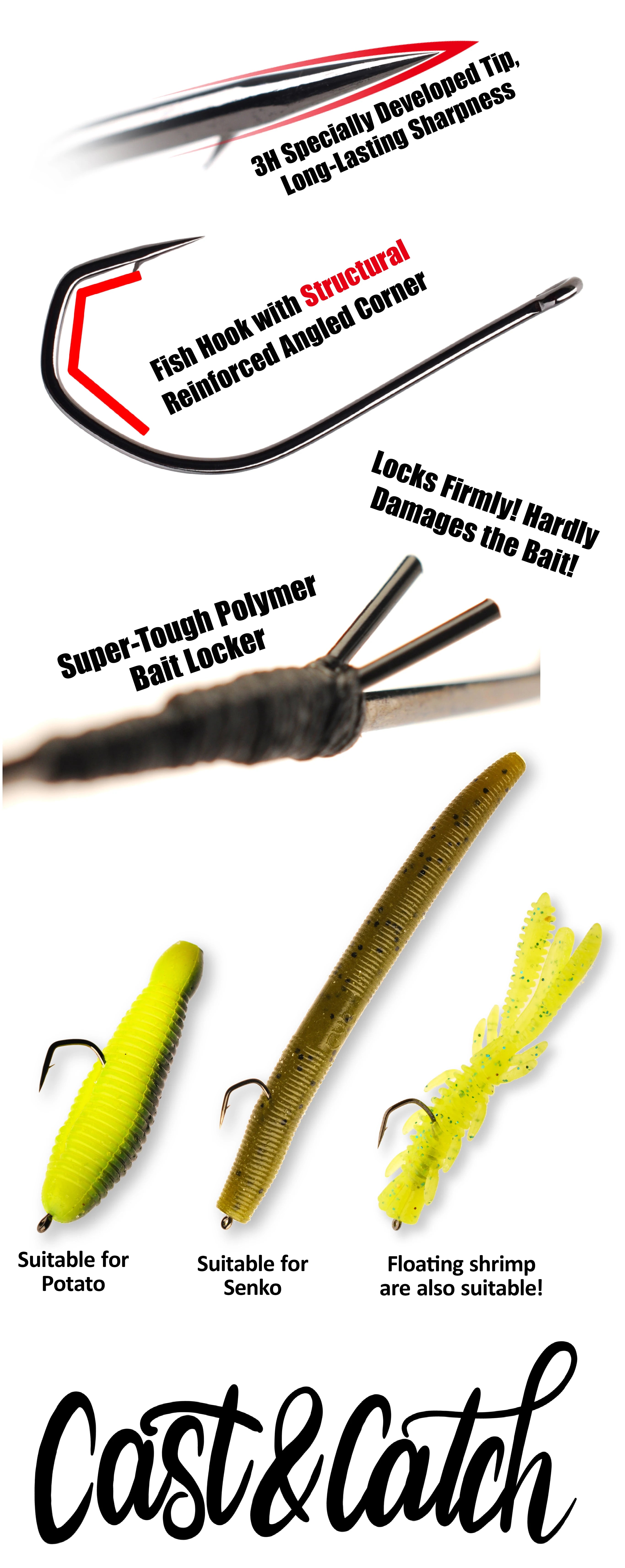 Cast&Catch 8PCS Lock Pin Long Hook High Carbon Steel Barbed Hook Soft Worm Lure Bass Carp Freshwater Fishing Hook