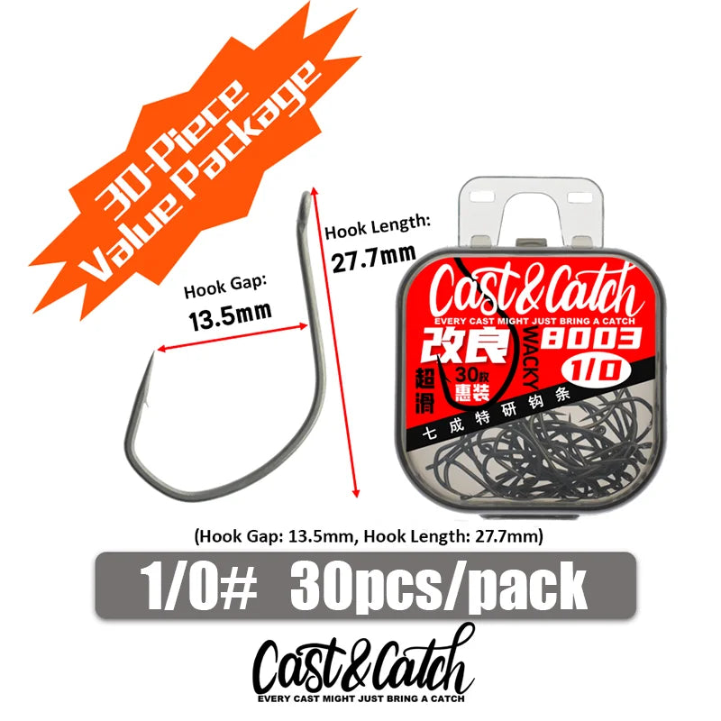 Cast&Catch Perfect 8003 Wacky Hook 30pcs Barb Multiple Sizes Soft Bait Bass Finesse Fishing Gear