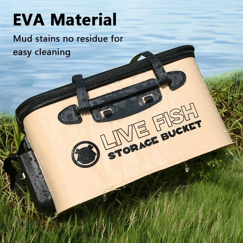 Fishing Bucket Foldable Live Fish Bucket with Net Cover 12-34L EVA Water Pail with Handbar for Wild Fishing Tackle Accessories