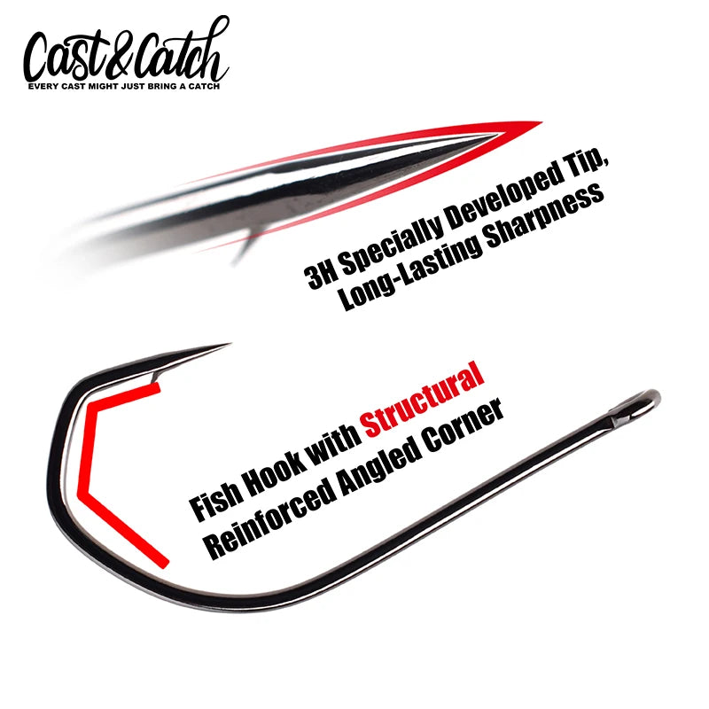 Cast&Catch 8PCS Lock Pin Long Hook High Carbon Steel Barbed Hook Soft Worm Lure Bass Carp Freshwater Fishing Hook