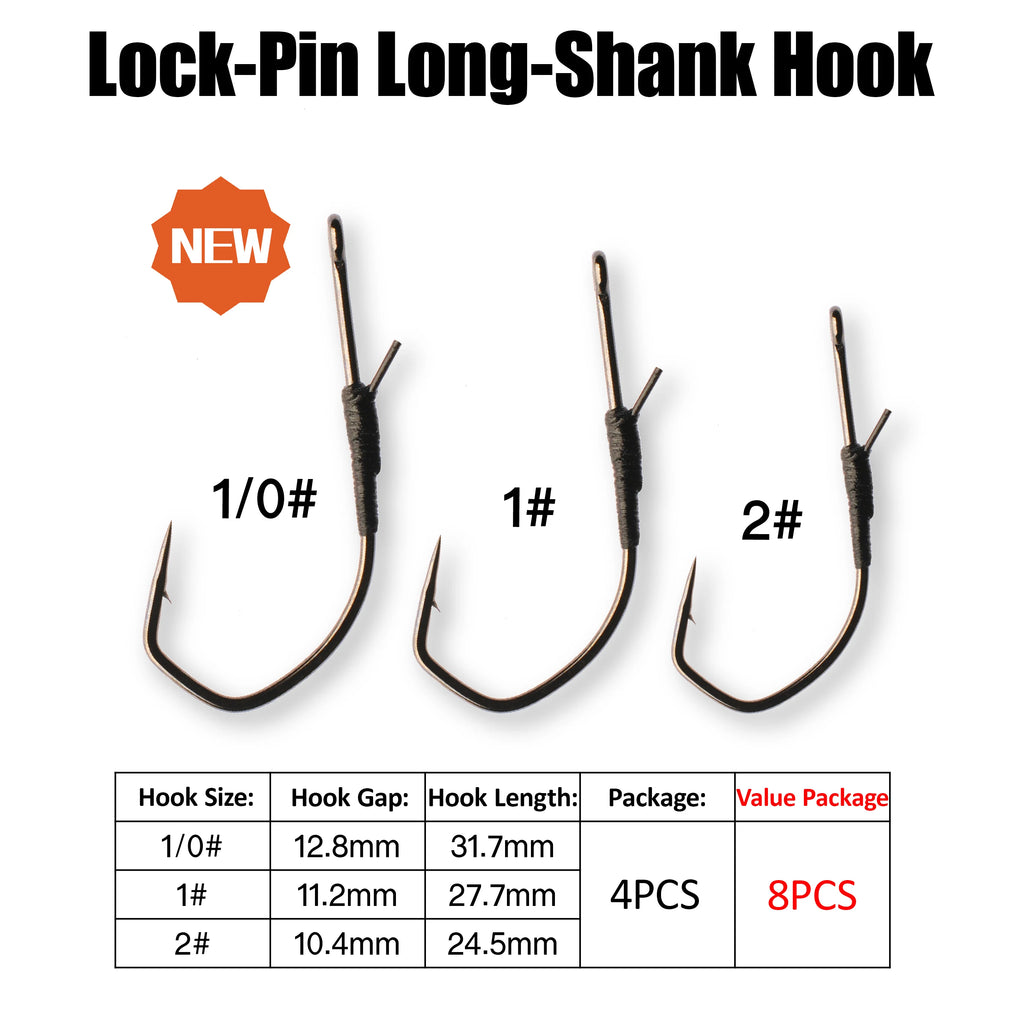 Cast&Catch 8PCS Lock Pin Long Hook High Carbon Steel Barbed Hook Soft Worm Lure Bass Carp Freshwater Fishing Hook
