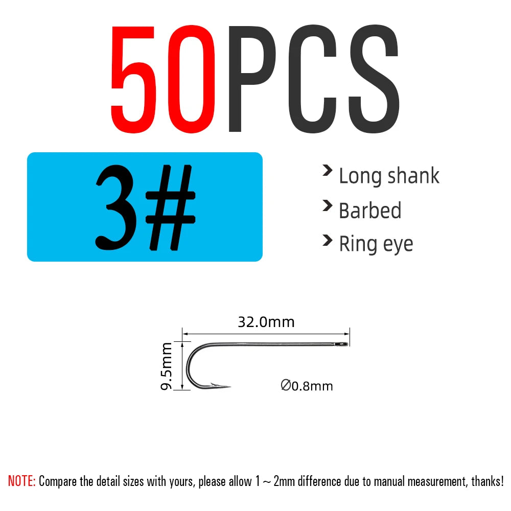 ICERIO 50PCS Aberdeen Long Shank Fish Hook Saltwater Fresh Water Fishing Hooks Sabiki Rig Streamer Fly Hook Size 10 4 2 2/0 3/0