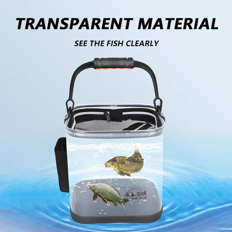 Portable Fishing Bucket Foldable With Net Cover Live Fish Bucket EVA Transparent Water Pail With Rope For Wild Fishing Tackle