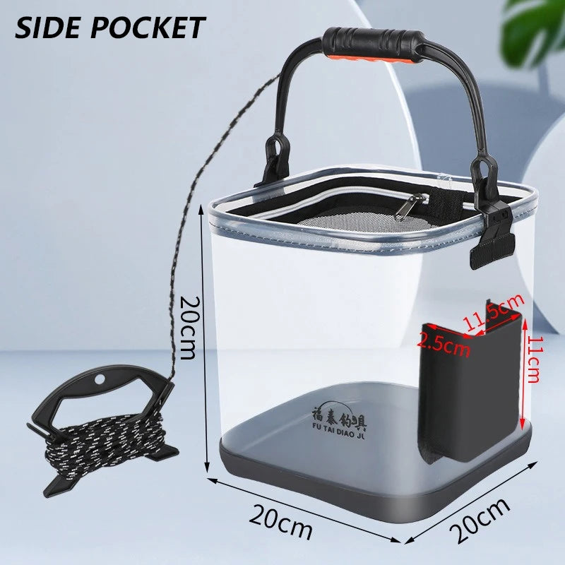 Portable Fishing Bucket Foldable With Net Cover Live Fish Bucket EVA Transparent Water Pail With Rope For Wild Fishing Tackle