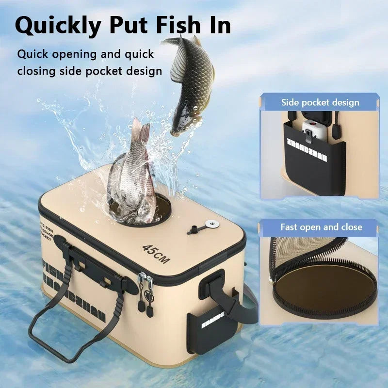 Fishing Bucket Foldable Live Fish Bucket with Net Cover 12-34L EVA Water Pail with Handbar for Wild Fishing Tackle Accessories