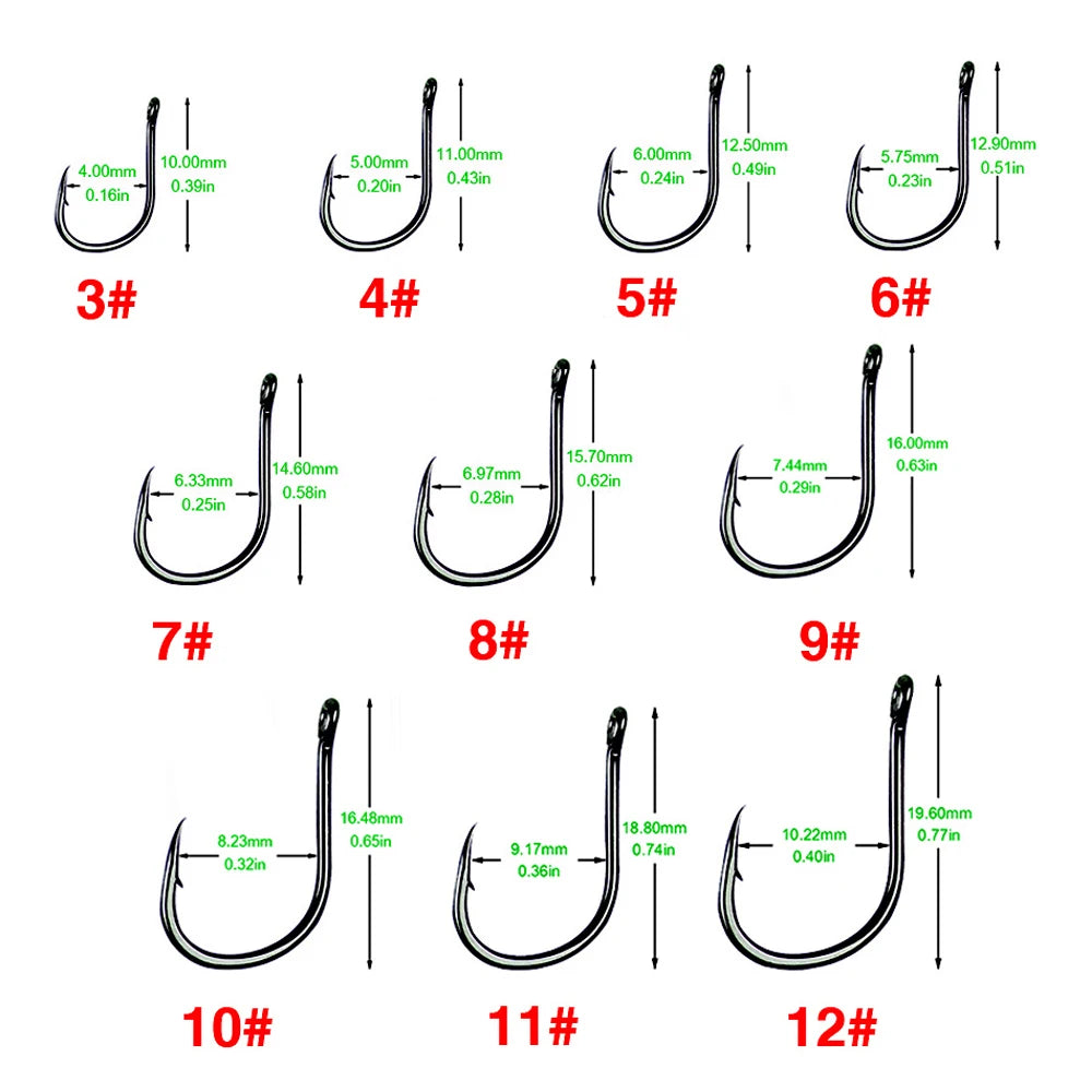 100Pcs Size 3-12# Ring Eye Fishhooks Circle Carp Eyed Fishing Hook High Carbon Steel Fishing Hooks Single Jig Fish Hook Tackle