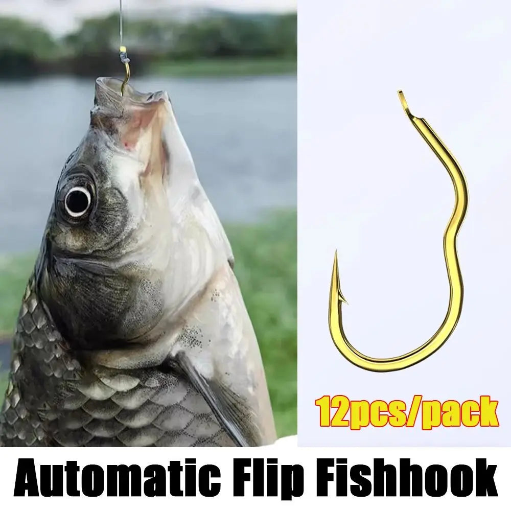 12 Pcs/Pack Durable 1#-10# High Carbon Steel Gold Fishing Hook Sharp Barbed Anti Slip Automatic Flip Fishhook Fishing Tackle