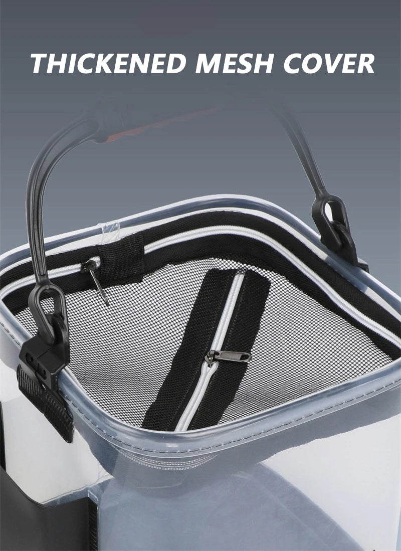 Portable Fishing Bucket Foldable With Net Cover Live Fish Bucket EVA Transparent Water Pail With Rope For Wild Fishing Tackle