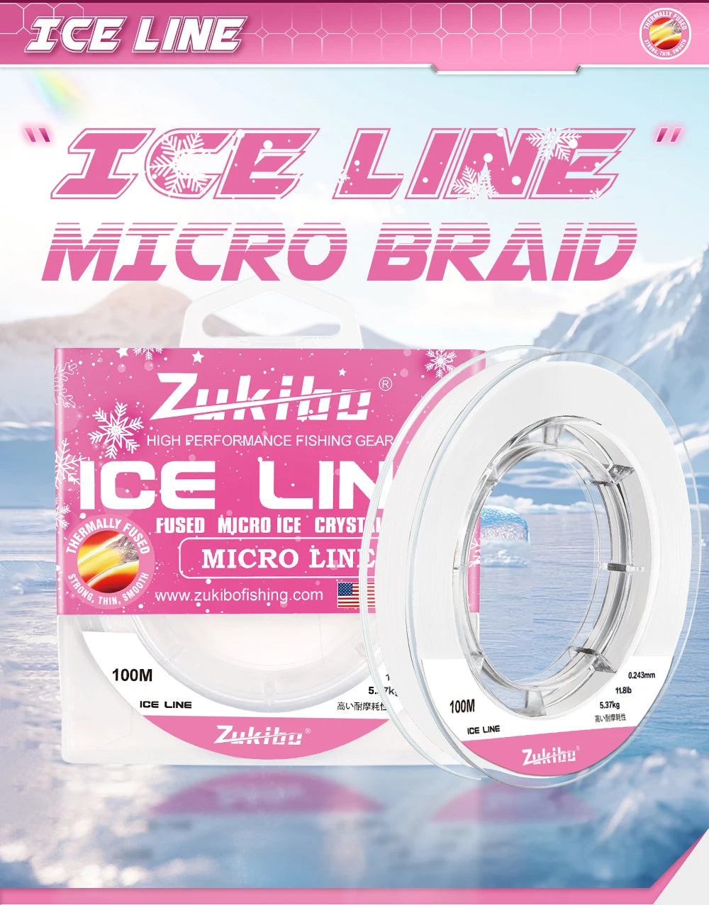 ZUKIBO Fused Micro Ice Crystal Thin Braid Fishing Line 0.05mm-0.235mm USA Design Translucent Superline Low Memory Soft Ice Line