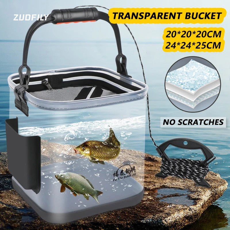 Portable Fishing Bucket Foldable With Net Cover Live Fish Bucket EVA Transparent Water Pail With Rope For Wild Fishing Tackle