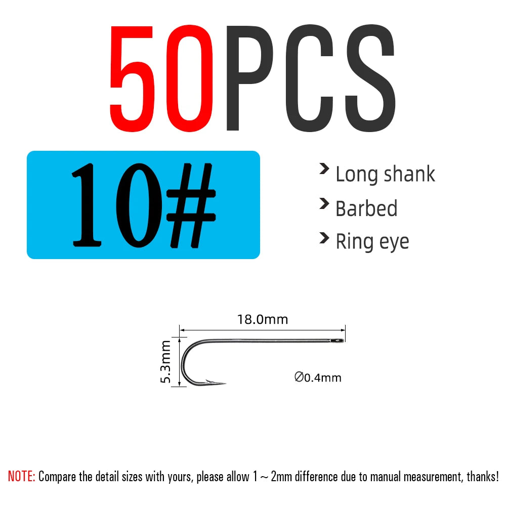 ICERIO 50PCS Aberdeen Long Shank Fish Hook Saltwater Fresh Water Fishing Hooks Sabiki Rig Streamer Fly Hook Size 10 4 2 2/0 3/0