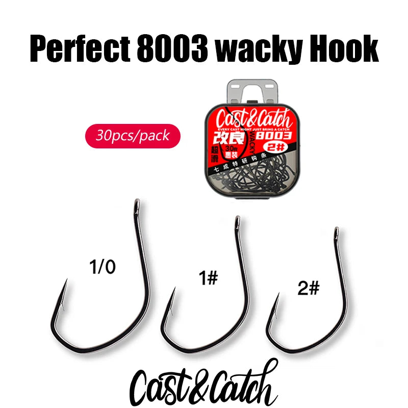 Cast&Catch Perfect 8003 Wacky Hook 30pcs Barb Multiple Sizes Soft Bait Bass Finesse Fishing Gear