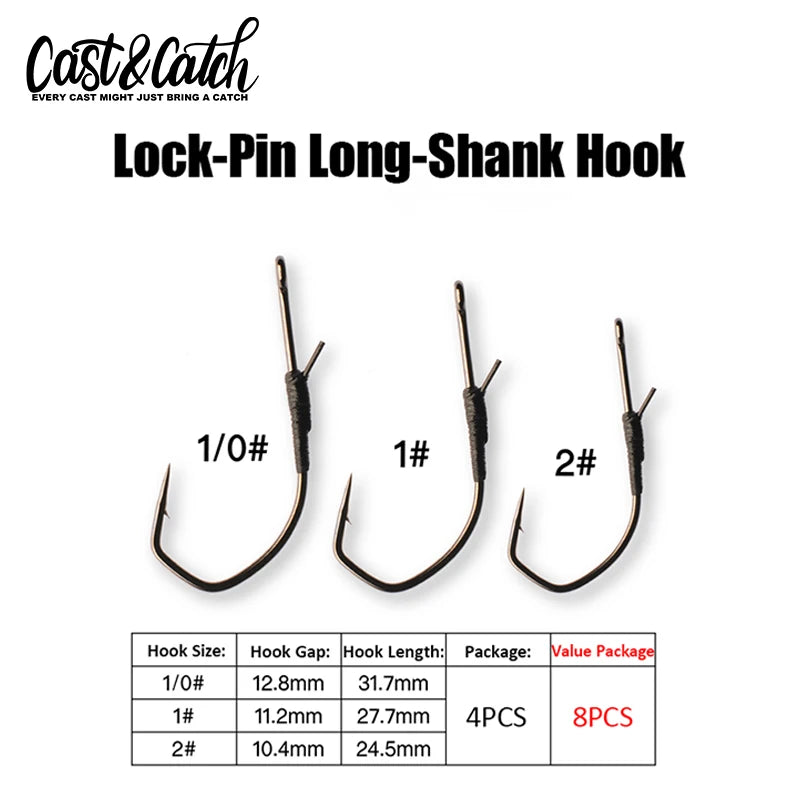Cast&Catch 8PCS Lock Pin Long Hook High Carbon Steel Barbed Hook Soft Worm Lure Bass Carp Freshwater Fishing Hook